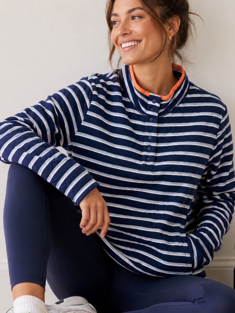 Lands' End Striped Quilted Snap Neck Pullover